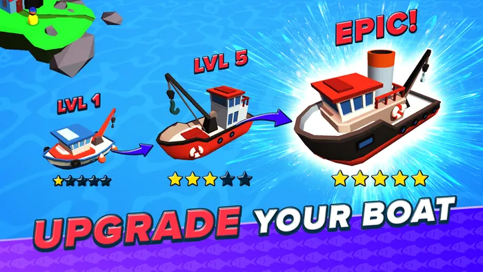 Arte promocional de Fish Idle com o barco no nível 1, no nível 5 e na versão EPIC de cinco estrelas