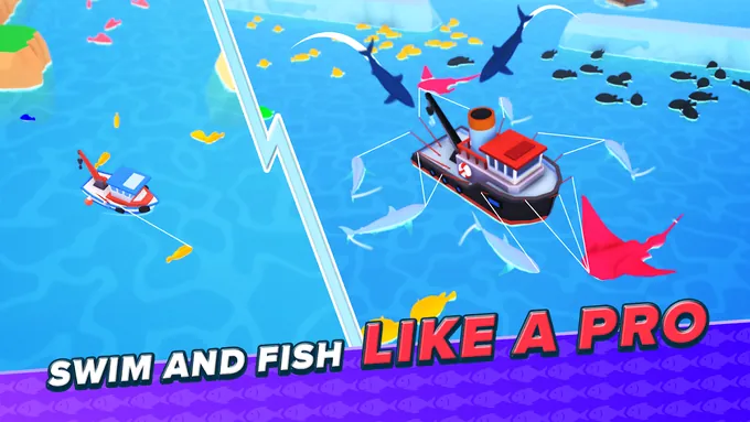 Ecrã dividido de Fish Idle: barco pequeno com uma linha e barco maior com várias linhas presas a tubarões e raias