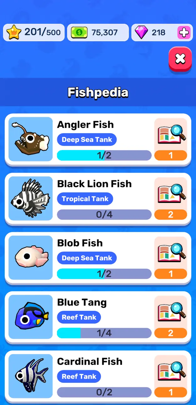 Lista Fishpedia de Idle Sea Park com Angler Fish, Black Lion Fish, Blob Fish, Blue Tang e Cardinal Fish por tanque