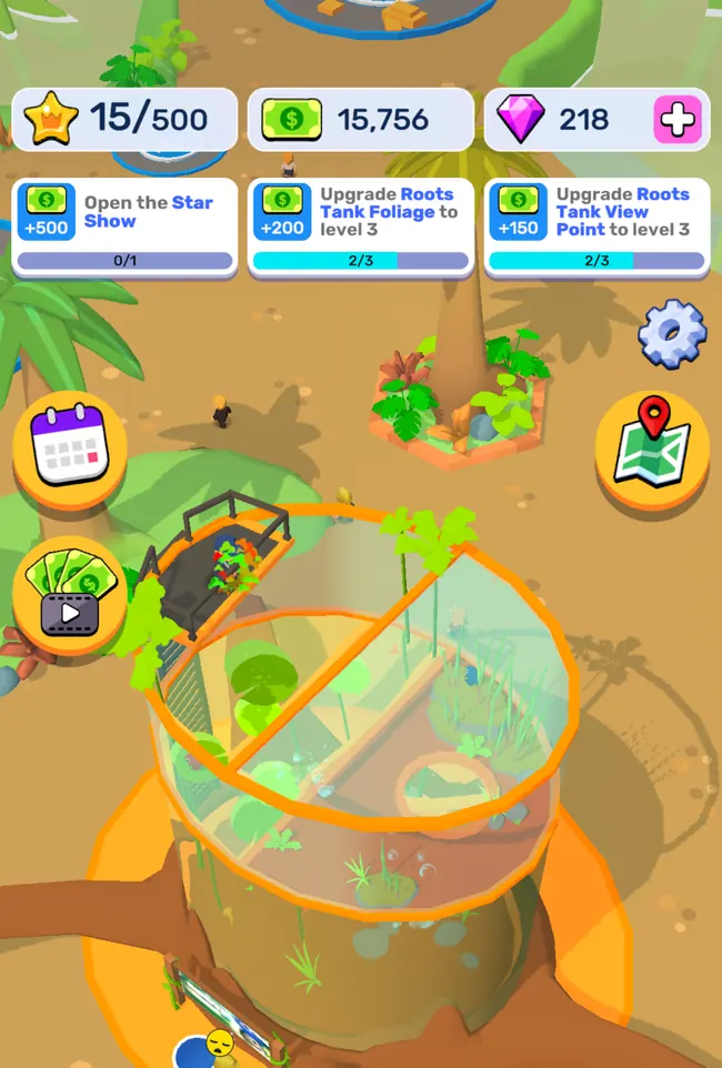 Tanque Roots de Idle Sea Park com 15/500 estrelas, 15,756 em caixa e tarefas de +500, +200 e +150