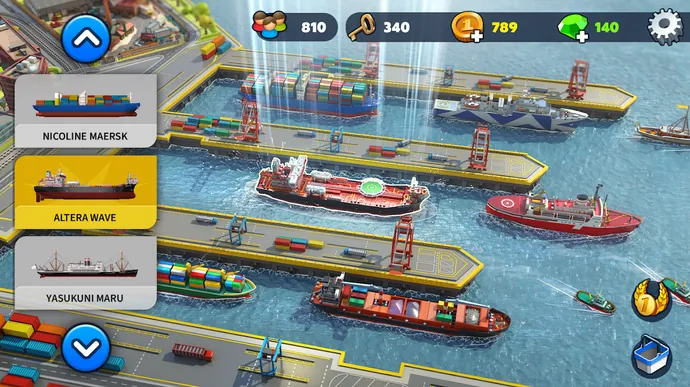 Cais de Port City com vários navios atracados e o petroleiro ALTERA WAVE destacado; barra com 340 chaves e 140 gemas