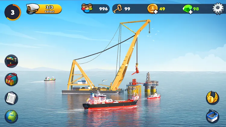 Port City no nível 3: grua flutuante amarela junto a uma plataforma, com 49 moedas e 99 chaves na barra