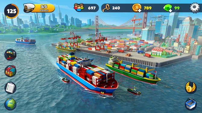 Port City no nível 125 com uma ponte vermelha ao fundo, dois porta-contentores a chegar ao cais e o botão 5/5 Collect