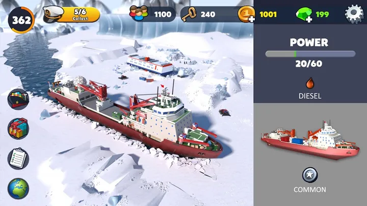 Navio quebra-gelo em Port City no nível 362, painel POWER 20/60 a diesel e raridade COMMON