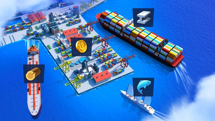 Porto de Sea Port com três navios a chegar, marcados com ícones de aço, madeira e peixe, e uma moeda sobre o cais